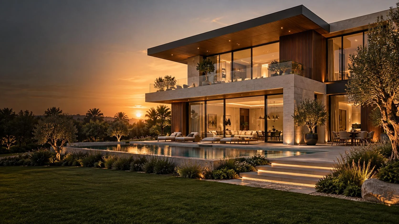 Contemporary villa with warm lighting and a swimming pool